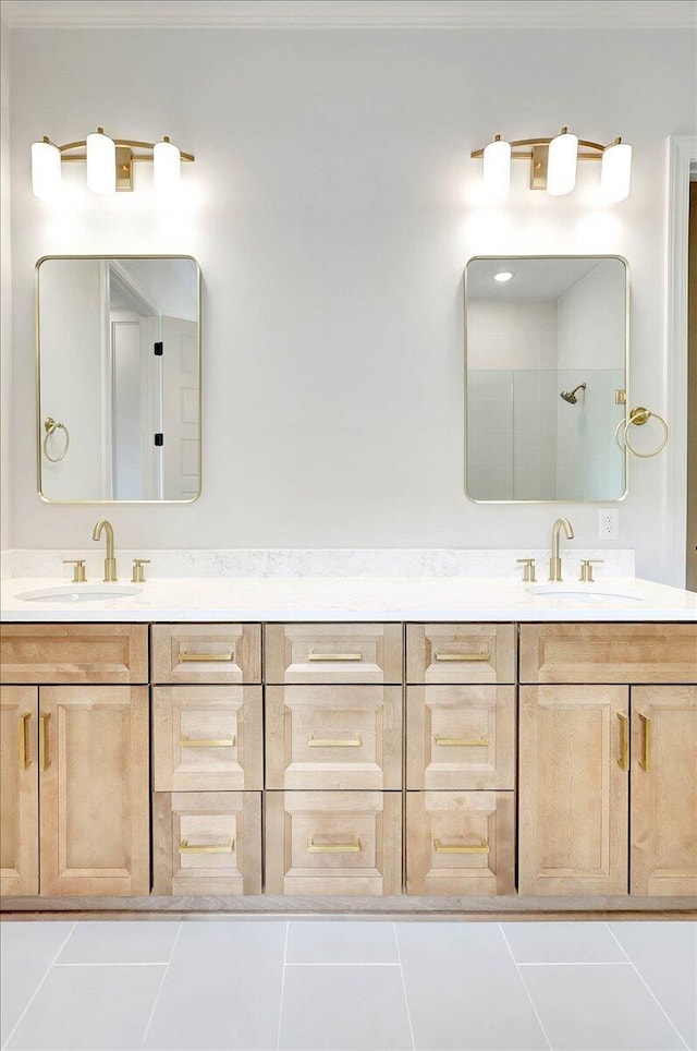 8650 Becket Way Lot # 4, Ooltewah, TN 37363 - bathroom with double vanity, ornamental molding, a shower, and tile patterned floors