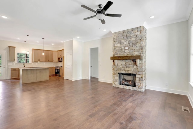 7383 Gamble Rd Lot # 5, Georgetown, TN 37336 - unfurnished living room with a ceiling fan, dark wood-style flooring, a fireplace, baseboards, and recessed lighting