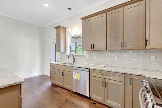 7383 Gamble Rd Lot # 5, Georgetown, TN 37336 - kitchen with appliances with stainless steel finishes, a sink, dark wood finished floors, and tasteful backsplash
