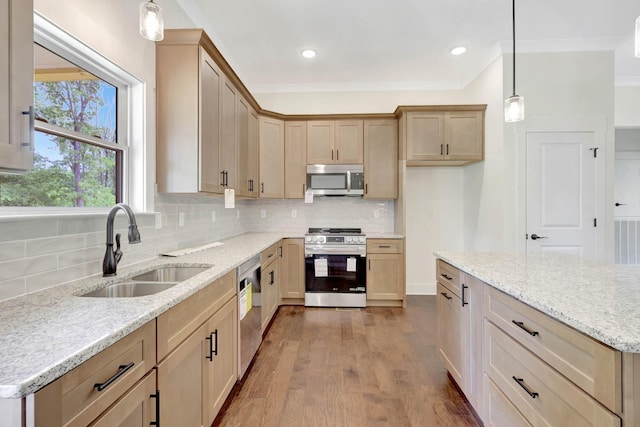 7383 Gamble Rd Lot # 5, Georgetown, TN 37336 - kitchen with appliances with stainless steel finishes, a sink, tasteful backsplash, wood finished floors, and recessed lighting