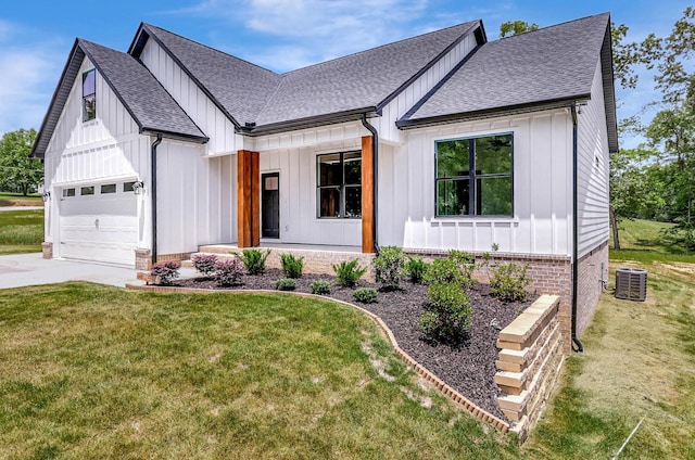 7383 Gamble Rd Lot # 5, Georgetown, TN 37336 - modern inspired farmhouse featuring roof with shingles, board and batten siding, central AC unit, concrete driveway, and a front lawn