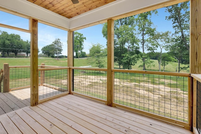 7383 Gamble Rd Lot # 5, Georgetown, TN 37336 - wooden deck with view of wooded area, a ceiling fan, and a lawn