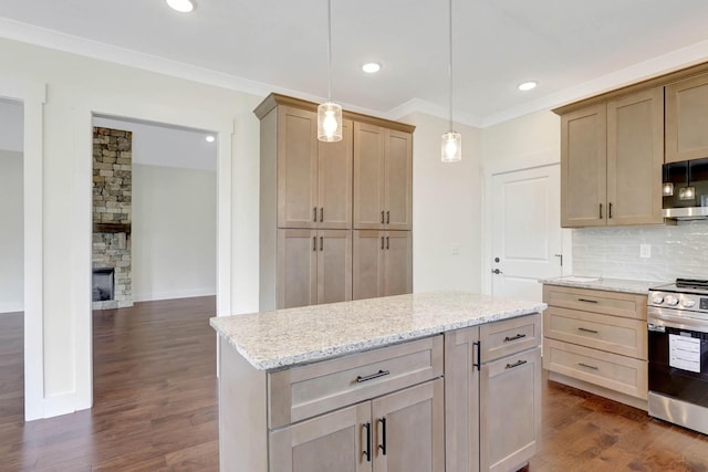 7387 Gamble Rd Lot # 4, Georgetown, TN 37336 - kitchen with stainless steel range, tasteful backsplash, crown molding, dark wood-type flooring, and light stone counters