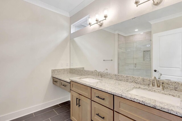 7387 Gamble Rd Lot # 4, Georgetown, TN 37336 - full bathroom featuring double vanity, baseboards, a stall shower, and ornamental molding