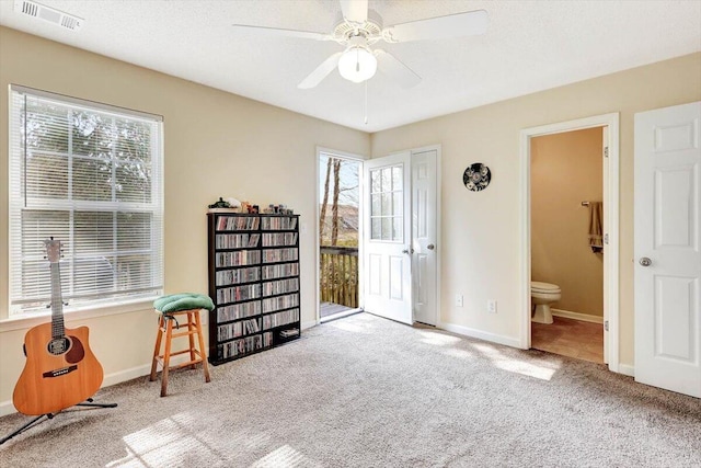 39 Middlebrook Dr, Cartersville, GA 30120 - bedroom featuring carpet floors, connected bathroom, baseboards, and ceiling fan