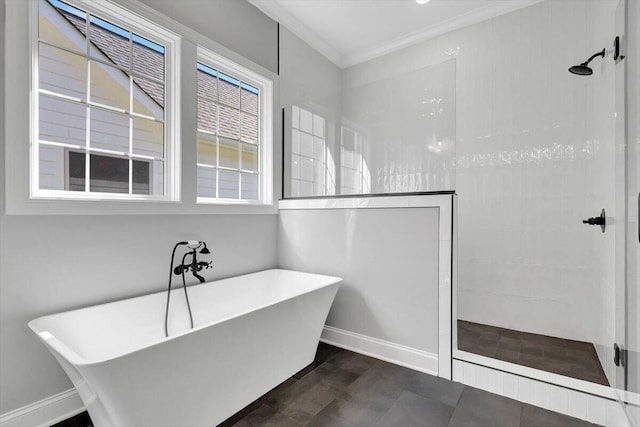 8656 Becket Way Lot # 5, Ooltewah, TN 37363 - full bathroom featuring a walk in shower, a freestanding tub, baseboards, and crown molding