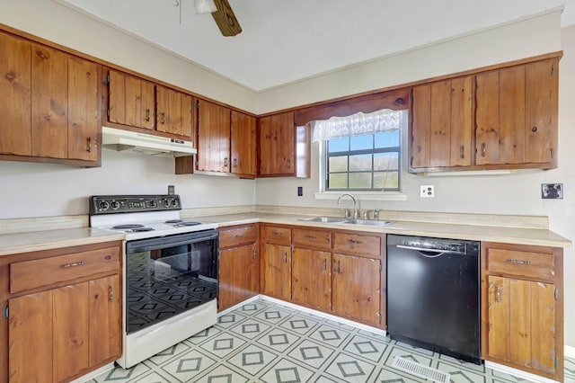 kitchen with black dishwasher, a sink, white range with electric stovetop, under cabinet range hood, and brown cabinetry