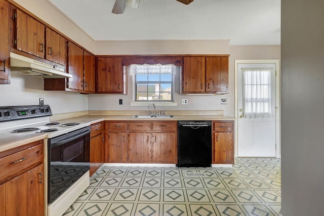 kitchen with dishwasher, under cabinet range hood, white electric stove, a sink, and light countertops