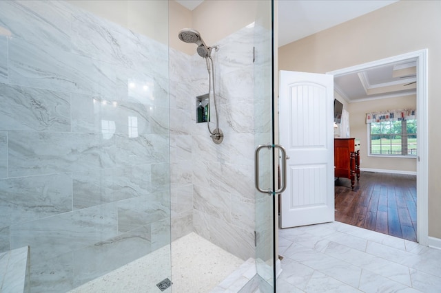 105 Bowwater Pl, Gallatin, TN 37066 - bathroom with a stall shower, crown molding, and baseboards