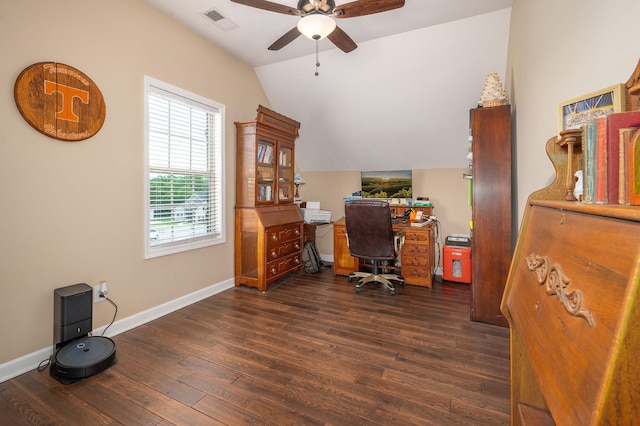 105 Bowwater Pl, Gallatin, TN 37066 - office space featuring a ceiling fan, lofted ceiling, dark wood-style floors, and baseboards