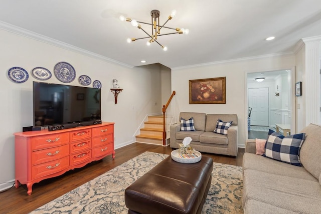 3348 Berryside Dr, Murfreesboro, TN 37128 - living room featuring a chandelier, stairs, ornamental molding, dark wood-style floors, and baseboards