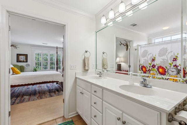 3348 Berryside Dr, Murfreesboro, TN 37128 - bathroom featuring connected bathroom, healthy amount of natural light, double vanity, ornamental molding, and tile patterned flooring