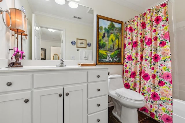 3348 Berryside Dr, Murfreesboro, TN 37128 - bathroom featuring ornamental molding, toilet, vanity, tile patterned floors, and shower / bath combo