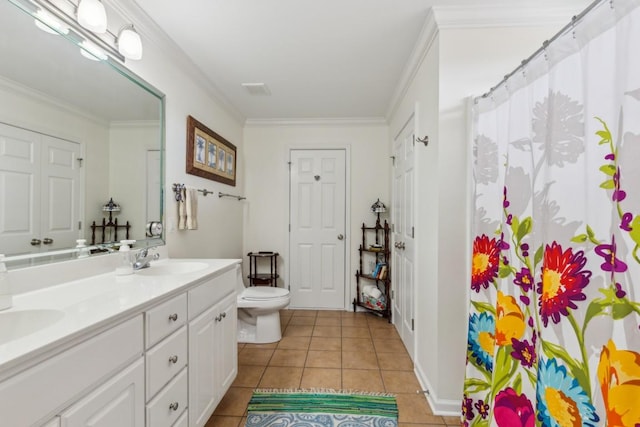 3348 Berryside Dr, Murfreesboro, TN 37128 - bathroom with toilet, tile patterned flooring, double vanity, ornamental molding, and a shower with curtain