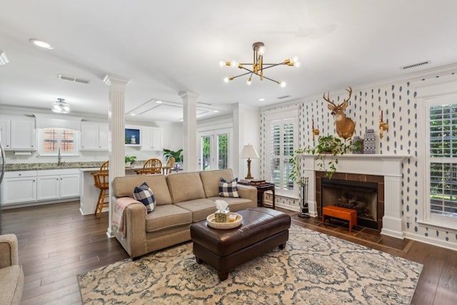 3348 Berryside Dr, Murfreesboro, TN 37128 - living area with decorative columns, crown molding, dark wood finished floors, a fireplace, and plenty of natural light