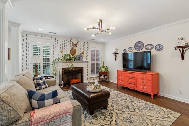 3348 Berryside Dr, Murfreesboro, TN 37128 - living room with ornamental molding, baseboards, a chandelier, dark wood-style floors, and a tile fireplace