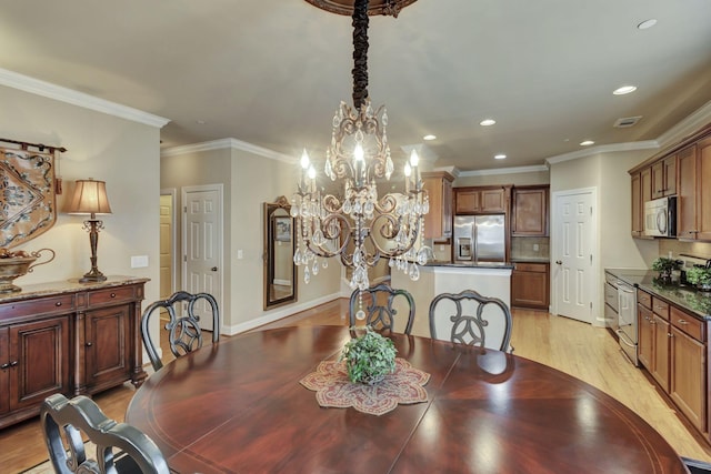 3157 Locust Holw, Nolensville, TN 37135 - dining room featuring light wood finished floors, a chandelier, recessed lighting, crown molding, and baseboards