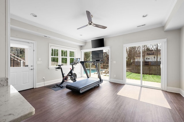 workout area with healthy amount of natural light, a ceiling fan, crown molding, dark wood-style flooring, and recessed lighting