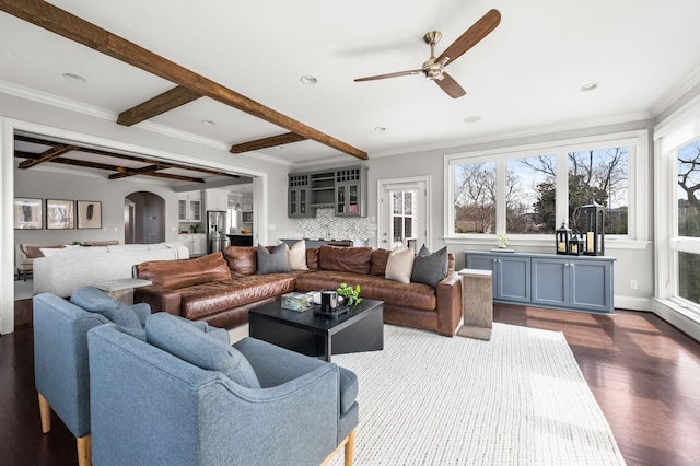 living area with a ceiling fan, dark wood-type flooring, healthy amount of natural light, beamed ceiling, and ornamental molding