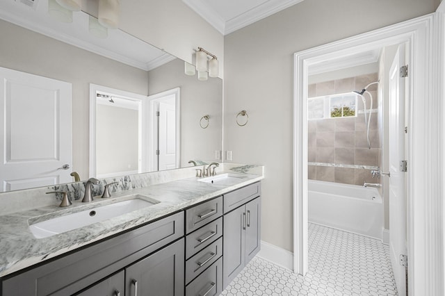bathroom with shower / tub combination, baseboards, double vanity, crown molding, and tile patterned floors