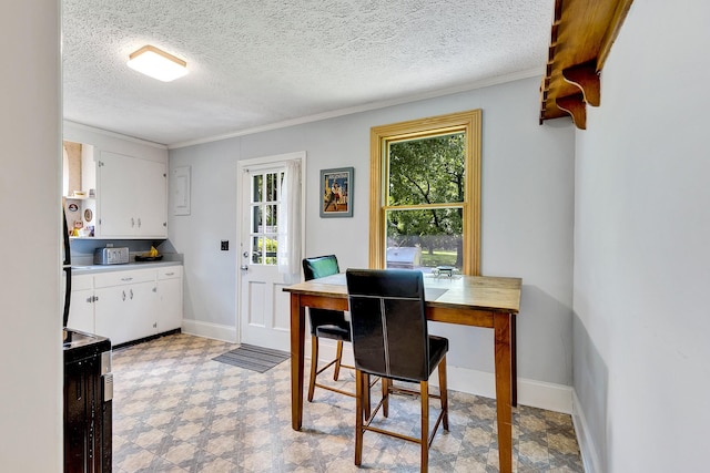517 Drake Ave, Nashville, TN 37211 - dining room with light floors, ornamental molding, a textured ceiling, baseboards, and a desk