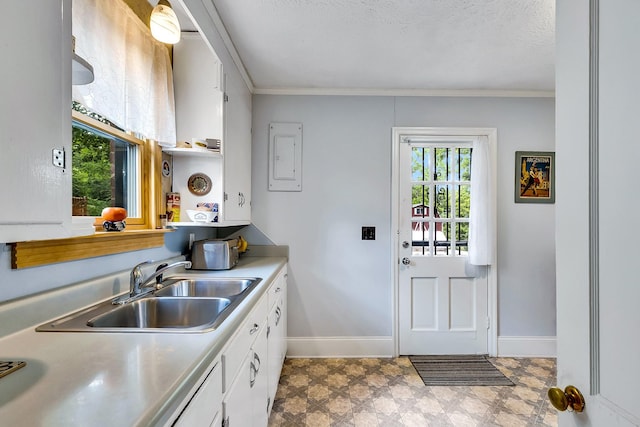 517 Drake Ave, Nashville, TN 37211 - kitchen featuring a sink, white cabinetry, baseboards, ornamental molding, and light countertops