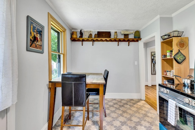 517 Drake Ave, Nashville, TN 37211 - dining area featuring a textured ceiling, ornamental molding, tile patterned floors, and baseboards