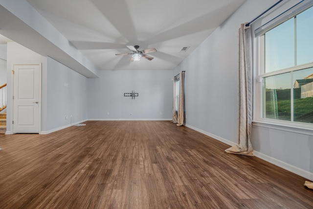 474 Parmley Dr, Nashville, TN 37207 - unfurnished living room with ceiling fan, stairs, wood finished floors, and baseboards