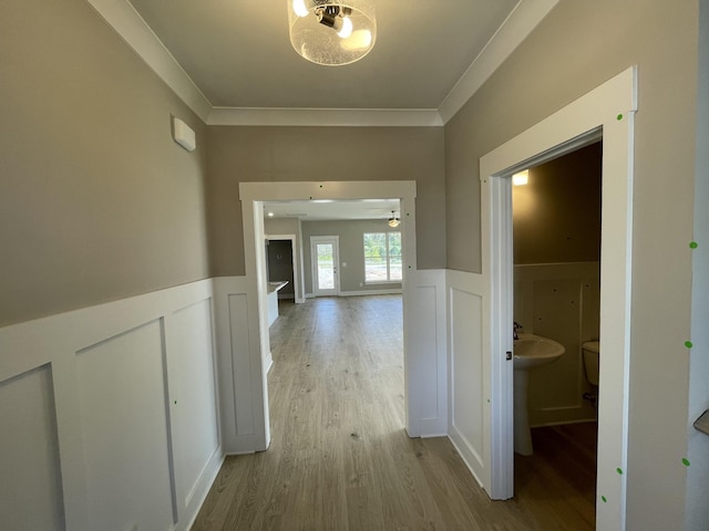 132 Lightberry Ln, Hendersonville, TN 37075 - hall featuring light wood-type flooring, wainscoting, a decorative wall, and ornamental molding