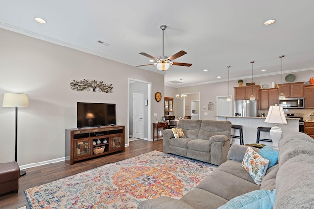 2139 Stonecenter Ln, Murfreesboro, TN 37128 - living area with recessed lighting, a ceiling fan, dark wood-style floors, baseboards, and ornamental molding