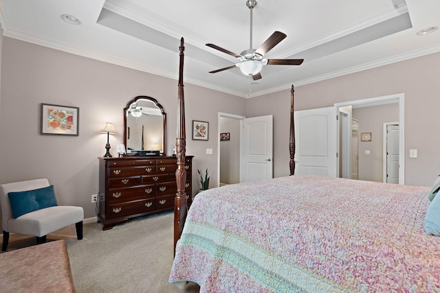 2139 Stonecenter Ln, Murfreesboro, TN 37128 - bedroom with a tray ceiling, light carpet, crown molding, baseboards, and a ceiling fan