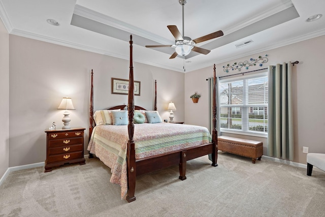 2139 Stonecenter Ln, Murfreesboro, TN 37128 - bedroom with a raised ceiling, light colored carpet, ornamental molding, baseboards, and a ceiling fan