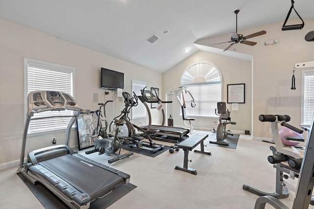 2139 Stonecenter Ln, Murfreesboro, TN 37128 - exercise room featuring ceiling fan, baseboards, lofted ceiling, and carpet