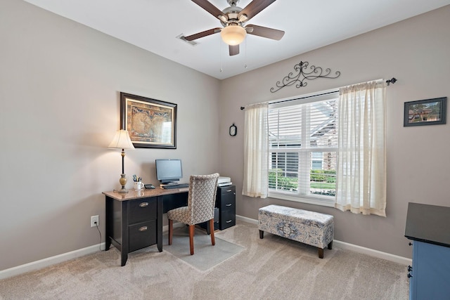 2139 Stonecenter Ln, Murfreesboro, TN 37128 - home office featuring a ceiling fan, light carpet, and baseboards