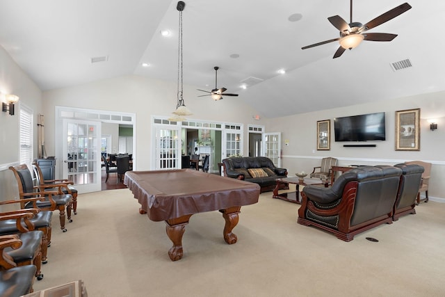 2139 Stonecenter Ln, Murfreesboro, TN 37128 - game room with french doors, a ceiling fan, lofted ceiling, carpet flooring, and pool table