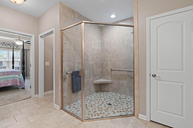 2139 Stonecenter Ln, Murfreesboro, TN 37128 - full bathroom featuring a shower stall, ensuite bath, baseboards, tile patterned floors, and recessed lighting