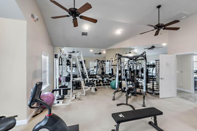 2139 Stonecenter Ln, Murfreesboro, TN 37128 - gym with a ceiling fan, high vaulted ceiling, baseboards, and carpet