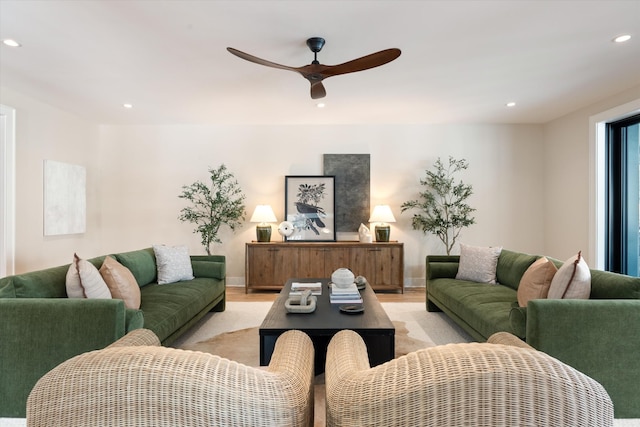 1908 Beechwood Ave, Nashville, TN 37212 - living room featuring recessed lighting, a ceiling fan, light wood-style flooring, and baseboards