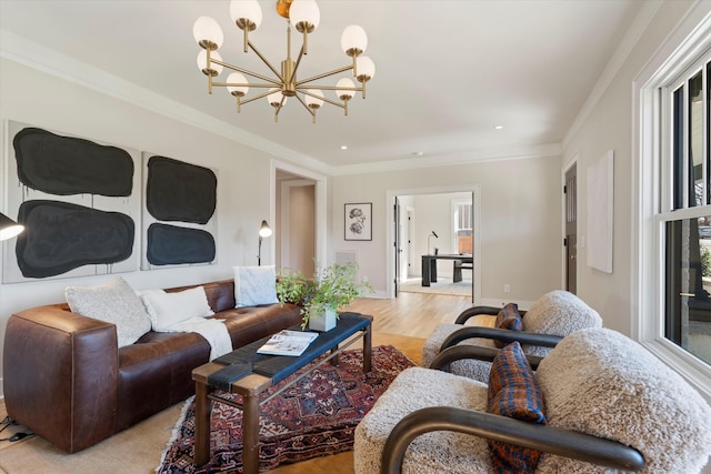 1908 Beechwood Ave, Nashville, TN 37212 - living room featuring a chandelier, crown molding, light wood finished floors, plenty of natural light, and recessed lighting