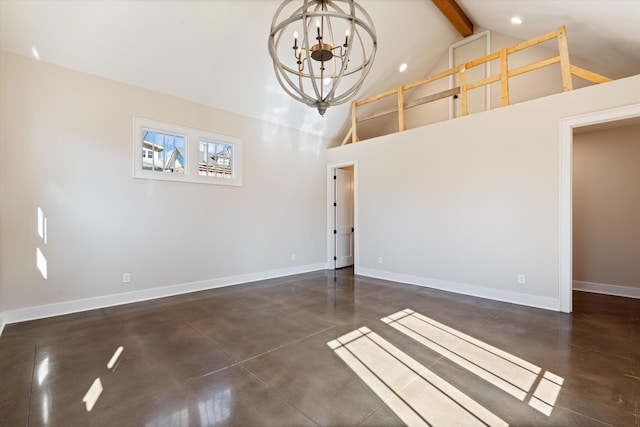 1908 Beechwood Ave, Nashville, TN 37212 - unfurnished room featuring finished concrete flooring, beam ceiling, baseboards, high vaulted ceiling, and a chandelier