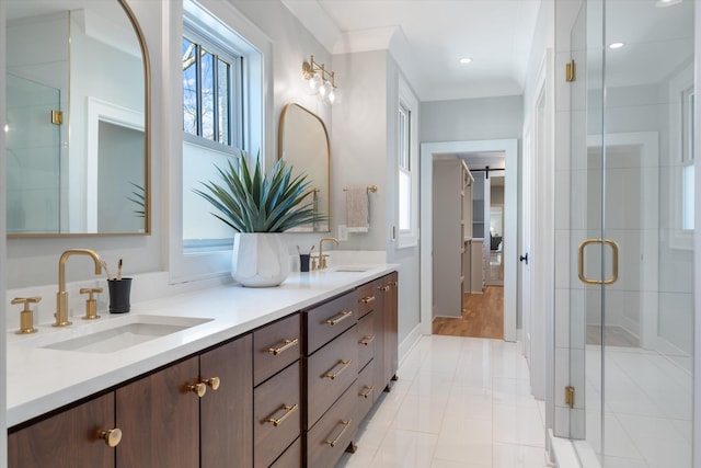 1908 Beechwood Ave, Nashville, TN 37212 - full bathroom featuring a shower stall, double vanity, and recessed lighting