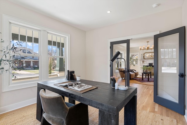 1908 Beechwood Ave, Nashville, TN 37212 - office area featuring a chandelier, light wood-style flooring, baseboards, and recessed lighting