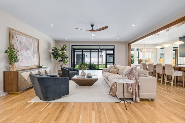 1908 Beechwood Ave, Nashville, TN 37212 - living area with light wood finished floors, a chandelier, a ceiling fan, and recessed lighting