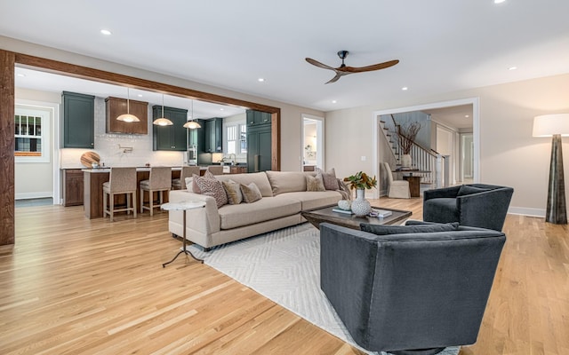 1908 Beechwood Ave, Nashville, TN 37212 - living room with stairway, light wood-style flooring, ceiling fan, recessed lighting, and baseboards