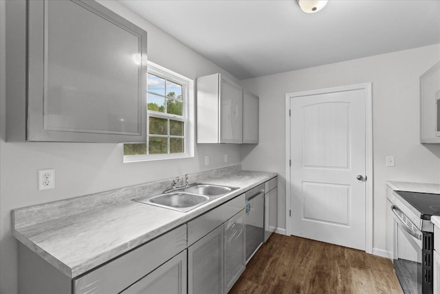 674 Eber Rd, Dalton, GA 30720 - kitchen with range with electric cooktop, a sink, dark wood-style flooring, gray cabinetry, and dishwasher