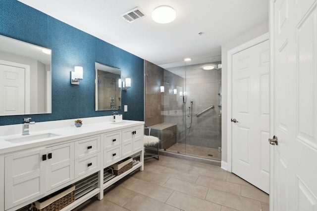 3201 Aspen Grove Dr Unit F4, Franklin, TN 37067 - full bathroom featuring tile patterned flooring, a stall shower, and double vanity