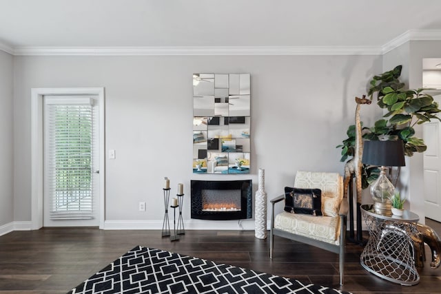 3201 Aspen Grove Dr Unit F4, Franklin, TN 37067 - sitting room with ornamental molding, wood finished floors, a warm lit fireplace, baseboards, and ceiling fan