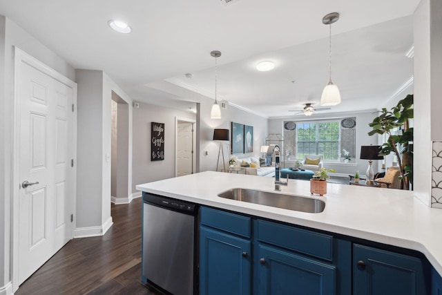 3201 Aspen Grove Dr Unit F4, Franklin, TN 37067 - kitchen with stainless steel dishwasher, a sink, blue cabinetry, open floor plan, and light countertops