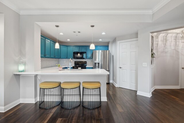 3201 Aspen Grove Dr Unit F4, Franklin, TN 37067 - kitchen with blue cabinets, black appliances, light countertops, dark wood finished floors, and crown molding