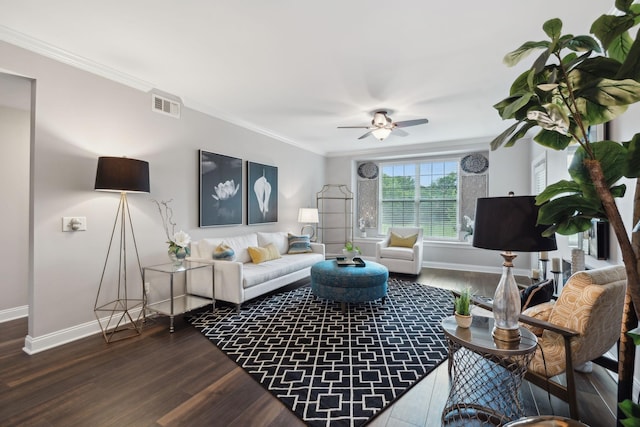 3201 Aspen Grove Dr Unit F4, Franklin, TN 37067 - living room featuring baseboards, ceiling fan, dark wood-style flooring, and ornamental molding